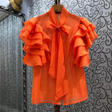 Patchwork Ruffle Shirt For Women Bow Collar Short Sleeve Solid Chic Blouse Femlae Fashion New Clothing