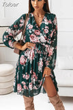 Casual Chiffon Long Sleeve Floral Print Dress Deep V Neck Pleated Office Dresses For Women Elegante Robe Femme