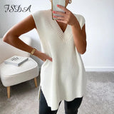 Women V Neck Sleeveless Sweater Vest Knitted 2020 Jumper Autumn Winter Split White Korean Preppy Pullover Loose Top