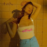 99% Angel Letter Print Crop Tops Yellow Cute Printed Camis Vest Women Cropped Top Off Shoulder Tops Tees Elastic