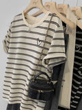 Jacquard Striped T-Shirt Women's Short-Sleeved Summer 2024 New Shoulder Blouse Retro Trend-Outfit