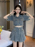 Skirts Outfits Vintage Denim Two Piece Set Women Short Sleeve Crop Tops High Waist Pleated Mini Skirt Suit Y2k