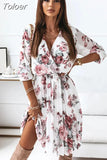 Casual Chiffon Long Sleeve Floral Print Dress Deep V Neck Pleated Office Dresses For Women Elegante Robe Femme