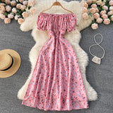 Women Floral Dress bohemian A-Line slash neck short sleeves dress summer vintage beach off shoulder Polka Dot