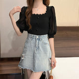 Korean Version Of The Small Fragrant Collarbone Design Shirt Short Bubble Sleeve Ice Silk Knitted Short-Sleeved T-Shirt