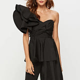 White Patchwork Ruffle T Shirt For Women Skew Collar Sleeveless Irregular Hem Slim T Shirts Female Fashion
