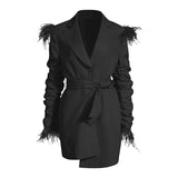 Ruched Blazer Dress For Women Notched Long Sleeve High Waist Lace Up Bowknot Patchwork Tassel Dresses