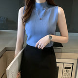 2021 Sleeveless Summer Blouse Women Korean Knit Elastic Casual Clothes Solid Turtleneck Fashion Ladies Tops Blusas 8623