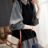 Lady Casual Plaid Patchwork Shirt Spring Autumn Peter Pan Collar Korean Loose Women's Clothing All-match Button