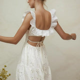 BOHO Summer White Embroidery Hollow Out hole Backless Dress Women Hem Slit Ruffles Strap Sling Midi Holiday Robe Female-Outfit