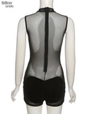 Sisterlinda Sexy See Through Mesh Patchwork Rompers Women Sleeveless Elastic Workout Velvet Overalls Activity Midnight
