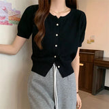 Kong Flavor Retro Round-Neck Short-Sleeved Knitted Shirt Girls Summer Thin Design Slim Short Thin Open Shirt Top