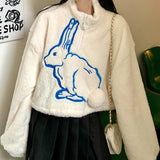 Deeptown Kawaii Sweatshirt Women Autumn Winter Clothes Women Hoodies Fashion Rabbit Print Long Sleeve Plush Tops Warm