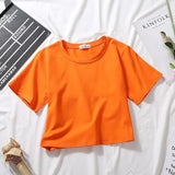 Summer Short Sleeve T Shirts Women Cotton Solid T-shirt O Neck High Waist Crop Top Tee Female Casual Loose T