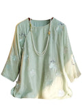 Chinese Style Round-Neck Embroidered Blouse Women's 2023 Summer New Retro Oblique Cardigan Button Leisure National Trend Shirt-Outfit