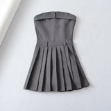 Sexy Gray Ruched Chest Strapless Croset Style Mini Dress Safari Women Slim Waist A line Pleated Hem Tube top Party Robe-Outfit