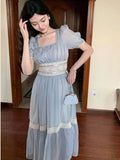 Blue Elegant Dress Women Vintage Evening Party Midi Dresses Female Korean Fashion Holiday Short Sleeve Chiffon Dress