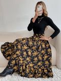 Printed Modest High Waist Elastic Waist Print Midi A-Line