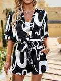 Sets Women Print Two Piece Suit Half Sleeve Shirts Button Lapel T Shirt Drawstring Trousers Ladies Summer Matching Set-Outfit