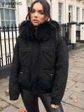 Fur Neck Women Cotton Coat Thick Warm Hooded Long Sleeve Jacket Streetwear Daily Wear Pockets Button Outwear