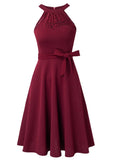 Vintage Halter Sleeveless Solid Lace Bow A-line Midi