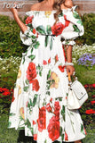 Print Off Shoulder Dresses For Women Slash Neck Short Sleeve High Waist Hit Color Elegant Dress Female Fashion Summer