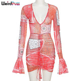 Puss Mesh Sexy Women Long Sleeve Dress Drawstring Bandage Deep V Skinny Mini Bodycon 2021 New Fashion Prom Party