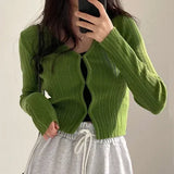 Cropped Cardigan Women V Neck Covered Button Solid Stretch Thin Spring Long Sleeve Knitted Tops Casual Lady Sweater-Outfit