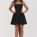 Sexy Slash Collar Tie Bow Sashes Backless Dress Woman Slim Waist Stitching Ruched Swing Ball Gown Mini Tank Robe Black-Outfit