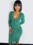 Casual Velvet Ruched V Neck Long Sleeve Bodycon