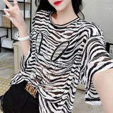 Summer Stylish Zebra Printed T-shirt Korean Loose Chic Rabbit Diamonds Commute Female Clothing Casual Round Neck Pullovers-Outfit