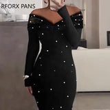 Women Off Shoulder Rhinestone Decoration Long Sleeves Mesh Patchwork Bodycon Midi Formal Party Dress-Outfit
