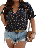 Plus-Size Women's Temperament Commuter Print V-Neck Short-Sleeved