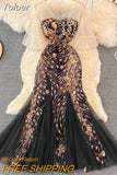 Sequins Glitter Evening Party Dress Women Elegant See Through Mesh Patchwork V-neck Puff Sleeve Embroidery Mermaid