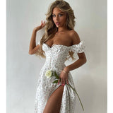Dress Women Short Puff Sleeve Flroal Printed Ruched Party High Split Long Maxi Dresses Drawstring Sexy Vestidos