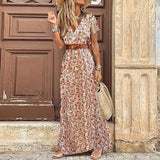 Boho Long Dress Women Beach Floral Print Belted Maxi Dress Casual V-Neck Party Holiday Sundress Ladies Dress Plus Size