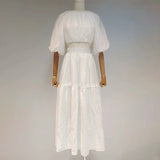 Solid Two Piece Set Womens Round Neck Puff Sleeve Bandage Tops High Waist Loose Midi Skirts Female Sets Fashion