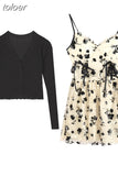 Print Long Sleeve Knit Cardigan Crop Coat Two-piece Dress Ladies Drawstring Floral V-neck French Suspender Robe Suit