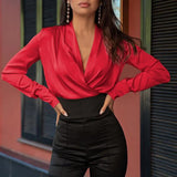 2022 Fashion Women Satin Party Shirt Elegant Long Sleeve Blouse Sexy V Neck Silky Blusas Summer Casual Solid Top