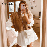 Foridol Knitted Sweater Vest Women Ruffle Vintage Sleeveless V Neck Brown Waistcoat Thick Autumn Winter Twist Vest Pullover