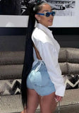 White Side Slit Turndown Collar Button Fly Long Sleeves