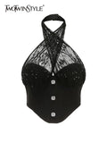 Black Lace Panel Vest For Women Halter Collar Sleeveless Solid Sext Tank Tops Female Summer Clothing Style New