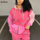 2022 Long Sleeve Goth Zip Up Butterfly Diamond Hoodies Women Autumn Winter Street Harajuku Hooded Jacket