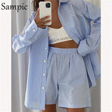 2021 Fashion Long Sleeve Women Tracksuit Blouse Set Casual Striped Shirt Tops And Loose Mini Shorts Two Piece Set