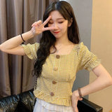 Women Summer Chic Plaid Novelty Korean Style Hem Ruffles Button Classic Slim Tunic Top Short Holiday Student Kawaii