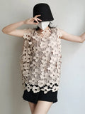 Elegant Loose Casual Cut Out Patchwork Vest For Women Round Neck Sleeveless Vests Female Fashion New 2022