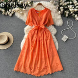 Green/White/Pink Summer New Lace Embroidery Dress Women Short Sleeves Dresses Female Vintage Party Beach Maxi Long