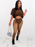 Streetwear Black 2 Two Peice Sets Womens Outfits 2022 Short Sleeve O Neck Crop Top Mesh Pants Suits Black Matching