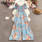 New Summer Women Slash neck off shoulder puff sleeve Jumpsuit elastic waist slim print wide leg Pants