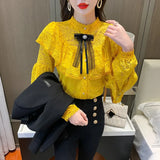 Fashion Lace Bottoming Women's Shirt Autumn Hollow Flower Ruffle Blouse Bow Beading Long Sleeve 6 Colors Blusas